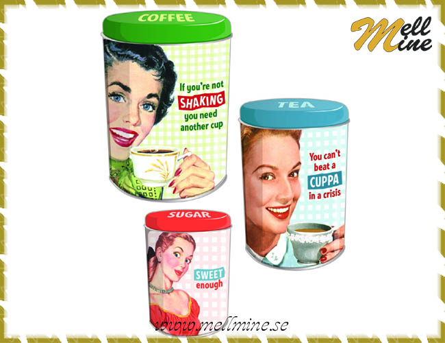 Pl�tburksset, 3-pack retro - Coffee, tea, sugar
